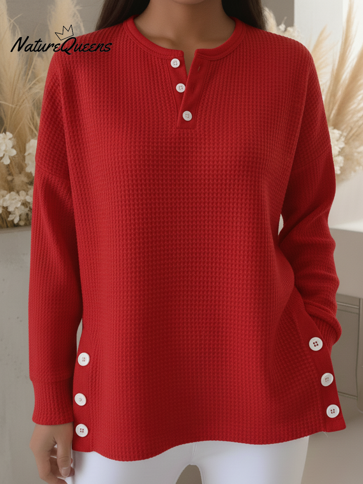 Casual Henley Neck Side Slit Button Waffle Pullover Top