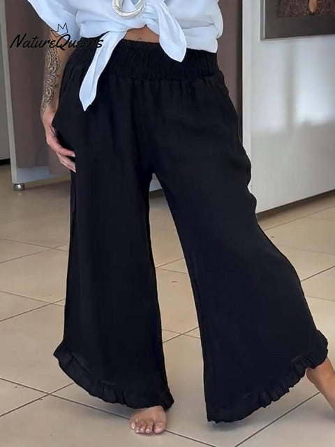 Women's Casual Wide Waist Lace Cotton and Linen Trousers