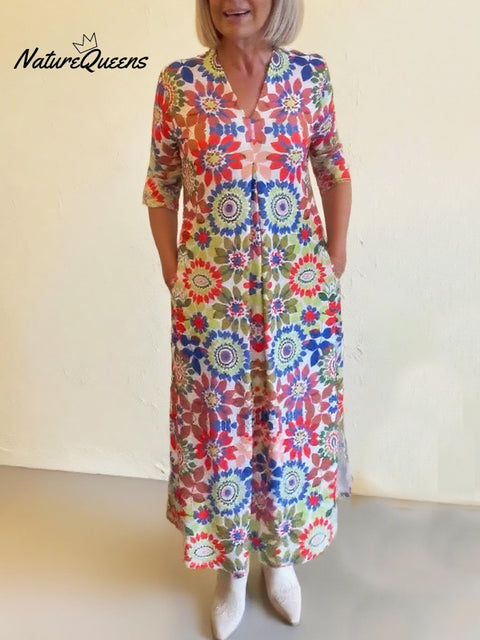 Women's V-neck Natural Pleated Floral Print Comfortable Dress