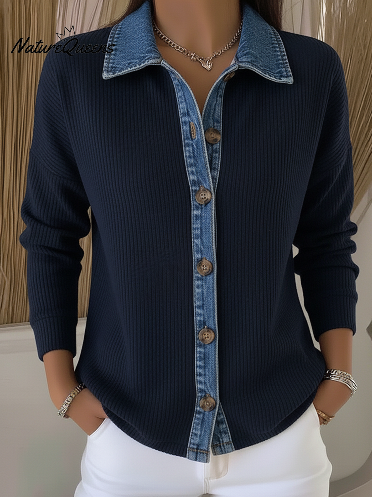 Denim Patchwork Polo Collar Corduroy Cardigan Jacket