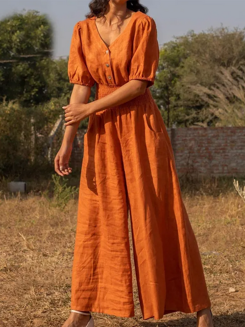Women's Wrap Linen Wide-Leg Jumpsuit
