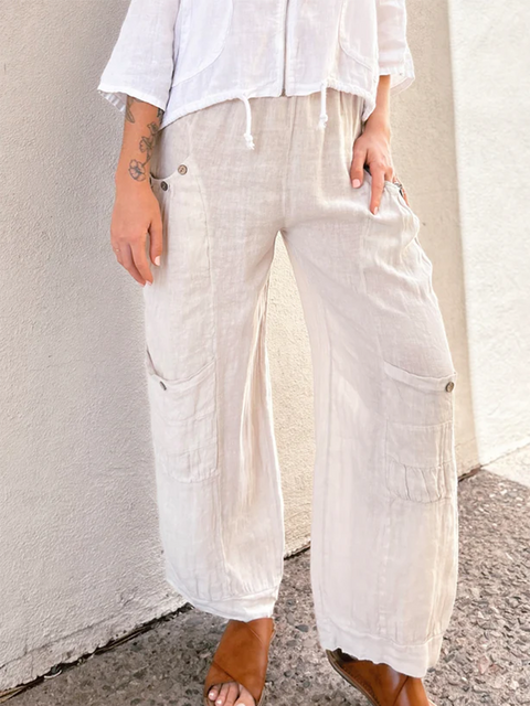 Button Pocket Elastic Waist Linen Pants