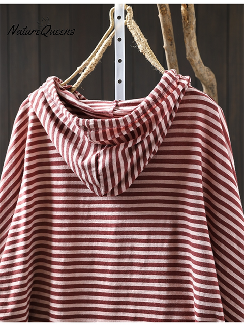 Women's Striped Long-sleeved Loose Cotton Hooded Top