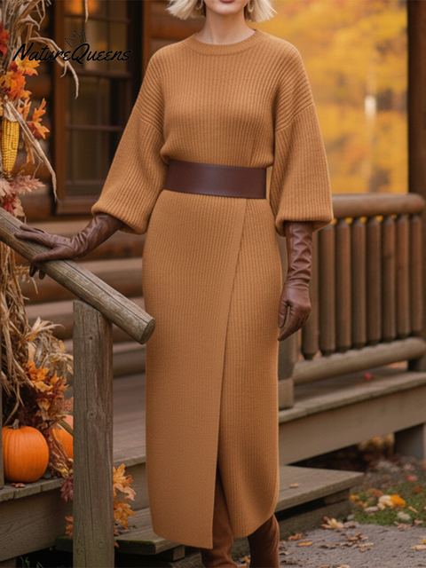 Elegant Solid Color Slit Round Neck Wool Knitted Midi Dress
