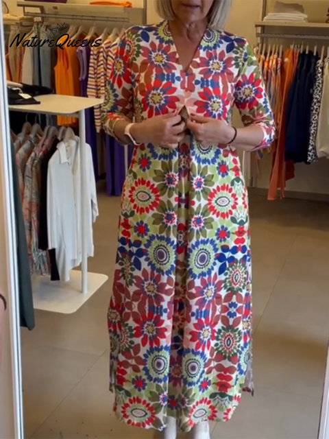 Women's V-neck Natural Pleated Floral Print Comfortable Dress