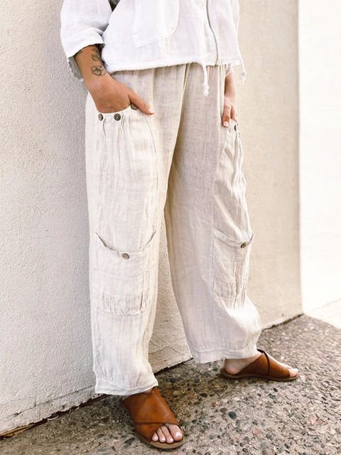 Button Pocket Elastic Waist Linen Pants