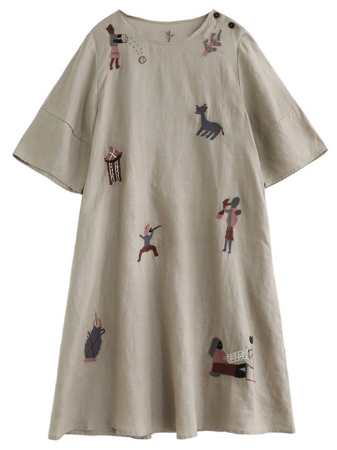 Women's Animal Embroidered Loose Linen Dress