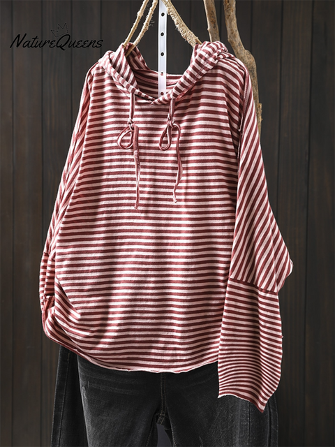 Women's Striped Long-sleeved Loose Cotton Hooded Top