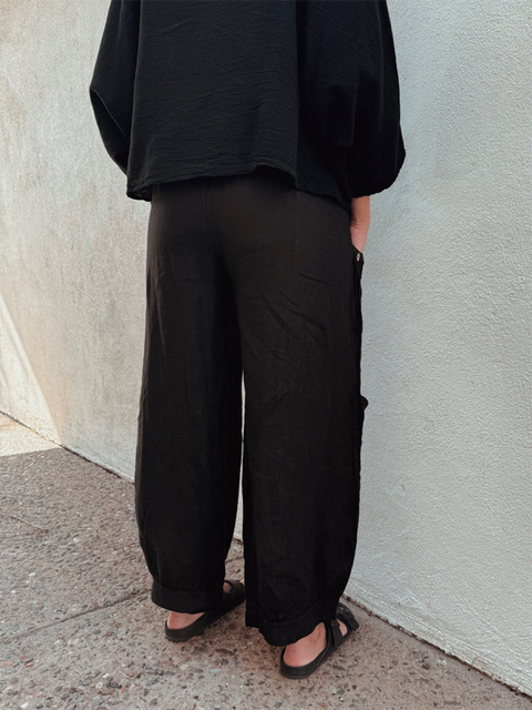 Button Pocket Elastic Waist Linen Pants