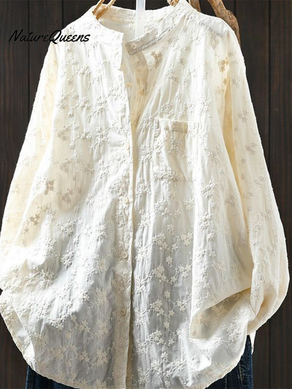 Women's Floral Embroidered Stand-up Collar Cotton Shirt