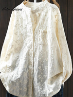 Women's Floral Embroidered Stand-up Collar Cotton Shirt