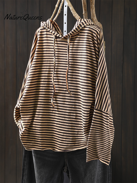 Women's Striped Long-sleeved Loose Cotton Hooded Top