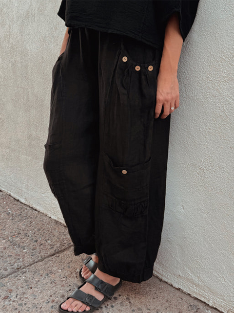 Button Pocket Elastic Waist Linen Pants
