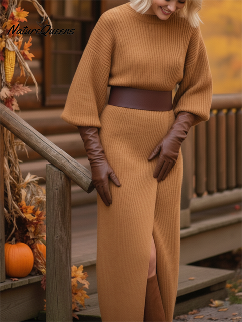 Elegant Solid Color Slit Round Neck Wool Knitted Midi Dress
