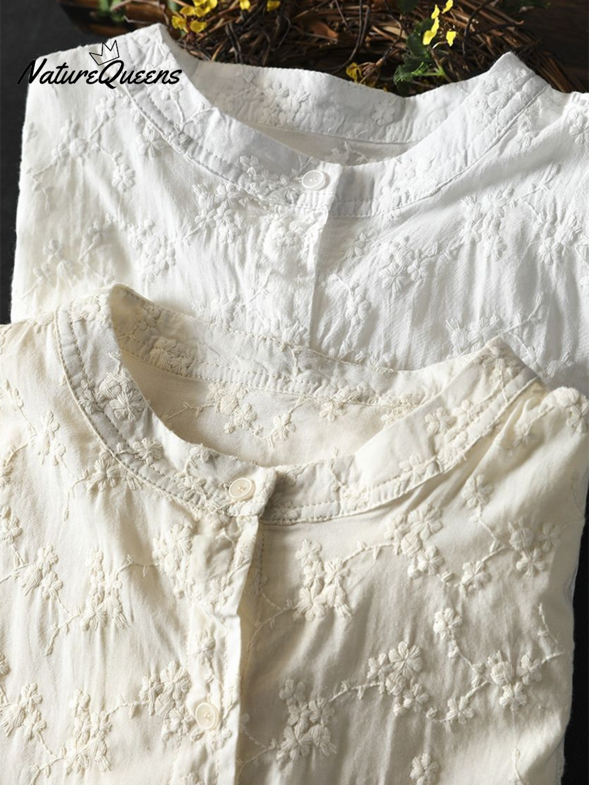 Women's Floral Embroidered Stand-up Collar Cotton Shirt