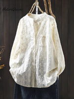 Women's Floral Embroidered Stand-up Collar Cotton Shirt