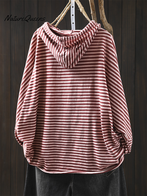Women's Striped Long-sleeved Loose Cotton Hooded Top