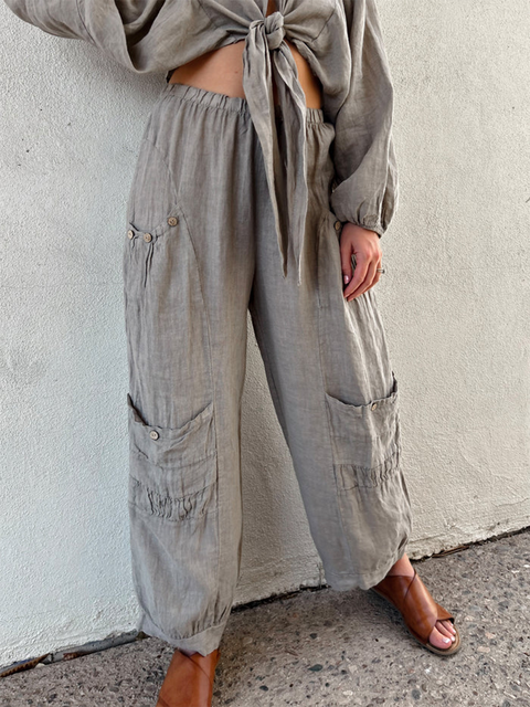 Button Pocket Elastic Waist Linen Pants
