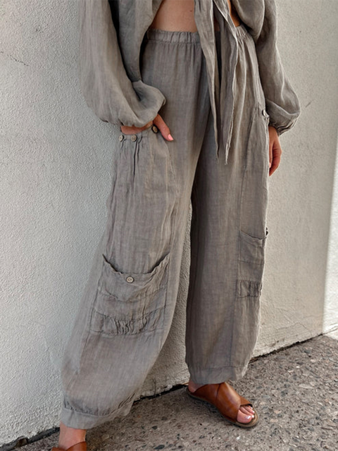 Button Pocket Elastic Waist Linen Pants