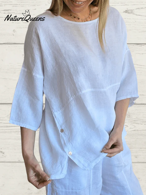 Comfortable Side Button Long Sleeve Linen Top