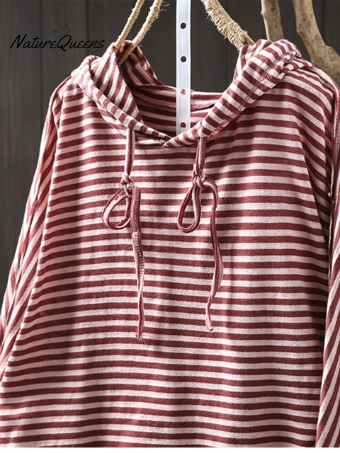Women's Striped Long-sleeved Loose Cotton Hooded Top