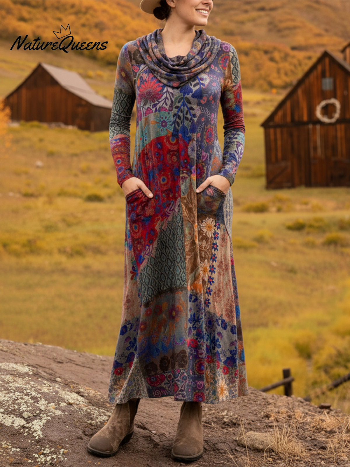 Women's Boho Boat-Shaped Collar Floral Print Stretch Dress