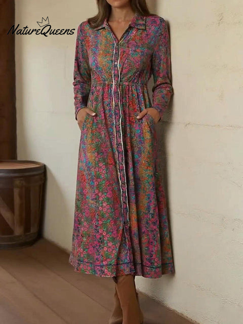 Boho Rainbow Floral Print Shirt Stretch Dress
