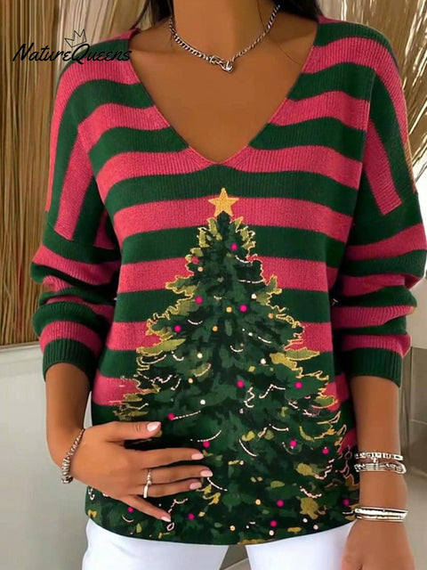 Women's Striped Merry Christmas Tree Print Sweater Top