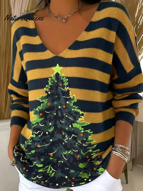 Women's Striped Merry Christmas Tree Print Sweater Top