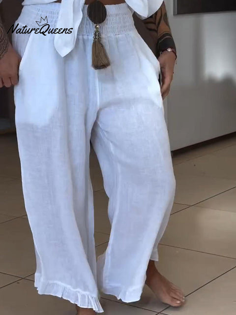 Women's Casual Wide Waist Lace Cotton and Linen Trousers