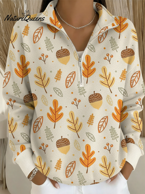 Forest Autumn Pine Cone and Leaf Print Lapel Zipper Sweatshirt