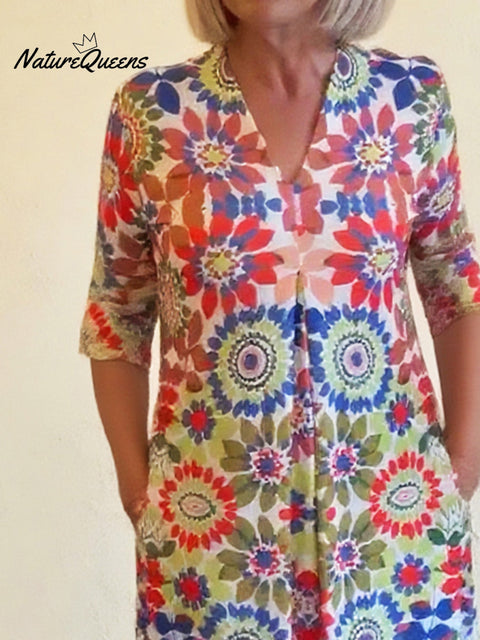 Women's V-neck Natural Pleated Floral Print Comfortable Dress