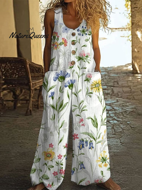 Women's Spring Bird Print Cotton and Linen Retro Jumpsuit