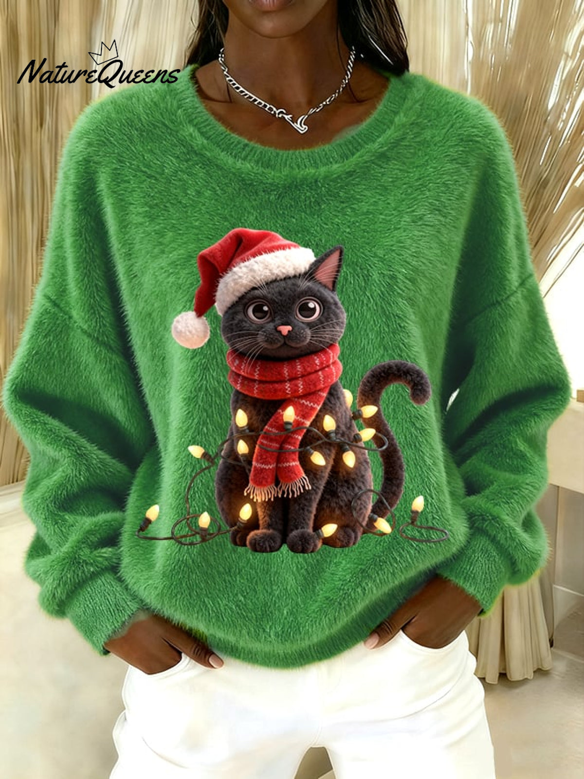 Women's Vintage Christmas Black Cat Print Sweater