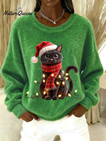 Women's Vintage Christmas Black Cat Print Sweater