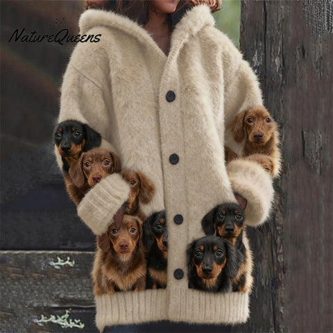 Lovely Dachshund Dogs Cozy Knit Hooded Cardigan