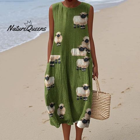 Women's Cute Baby Sheep Art Print Crew Neck Tank Midi Dress