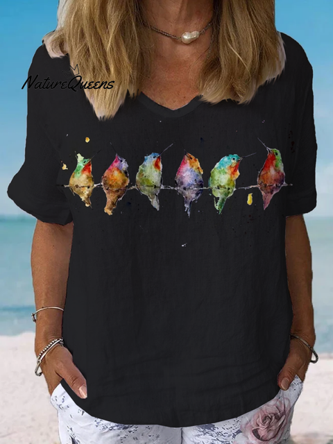 Jfn Cotton & Linen Watercolor Hummingbirds Print Lounge Top