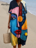 Women's Pop Art Patchwork Human Face Cotton Line Dress