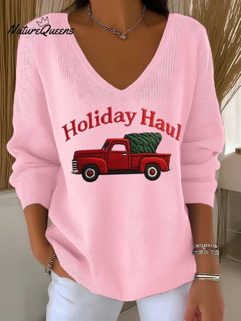 Women's Retro Red Truck Christmas Print Knit Top