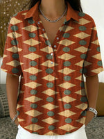 Women's Retro Color-block Geometric Print Cotton-linen Short-sleeve Shirt