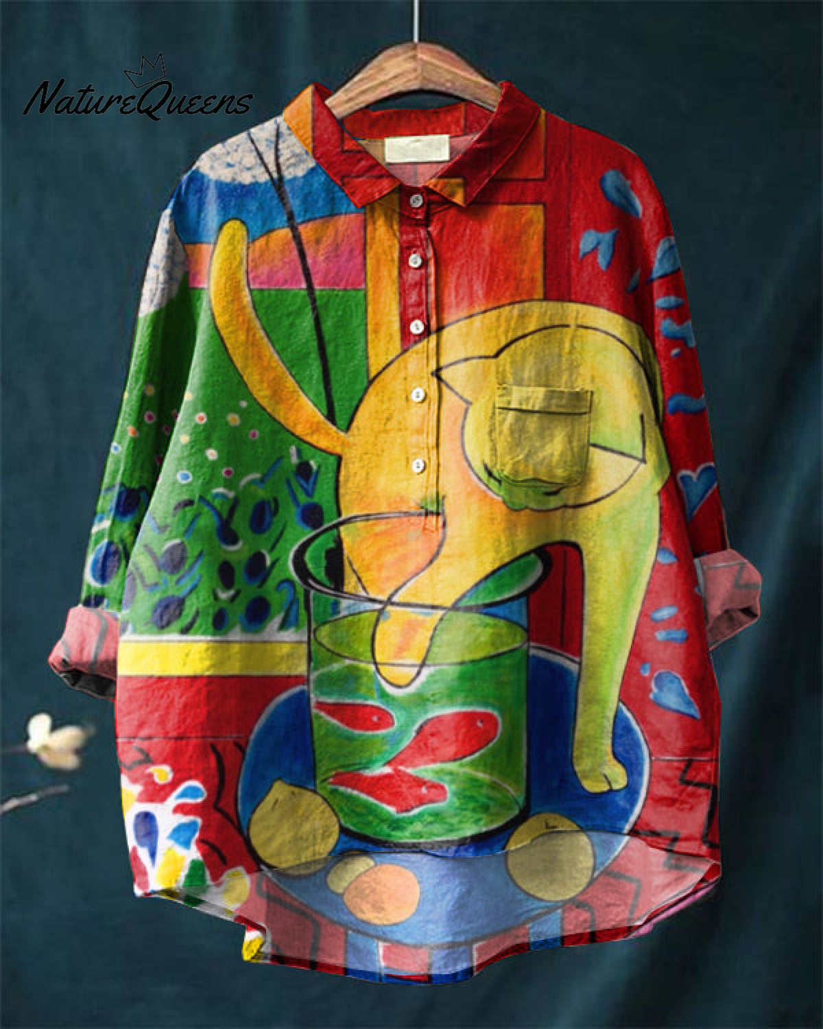 Cat Catching Fish Casual Cotton and Linen Shirt