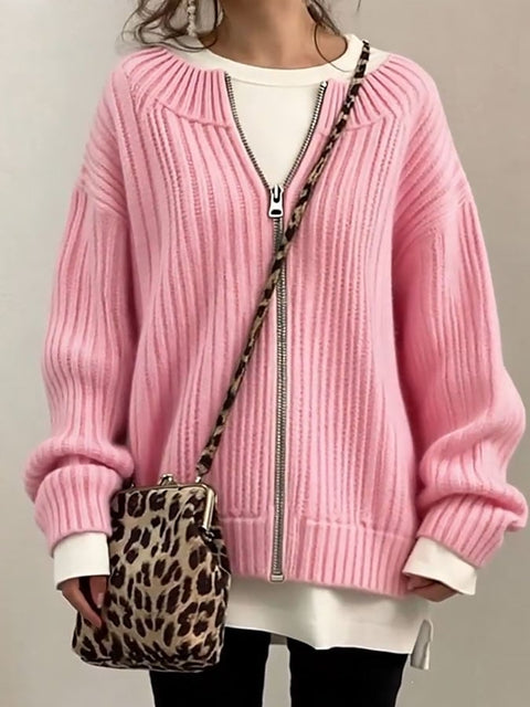 Women'S Casual Round Neck Solid Color Sweater Jacket
