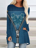 Crew Neck Long Sleeve Denim Pattern Mid-length Blouse