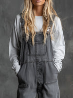 Casual Western Grey Denim Loose Multi-Pocket Jumpsuit Overalls