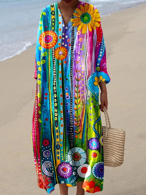 Women's Holiday Style Colorful Flowers Pattern  Art Print Cotton Dress
