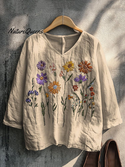 Boho Floral Embroidery Print Cotton And Linen Blend Loose Blouse