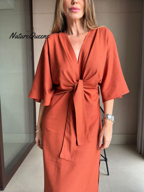 Casual V-neck cotton and linen lace-up dress