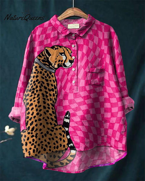 Cute Check Cheetah Print Cotton and Linen Long Sleeve Shirt