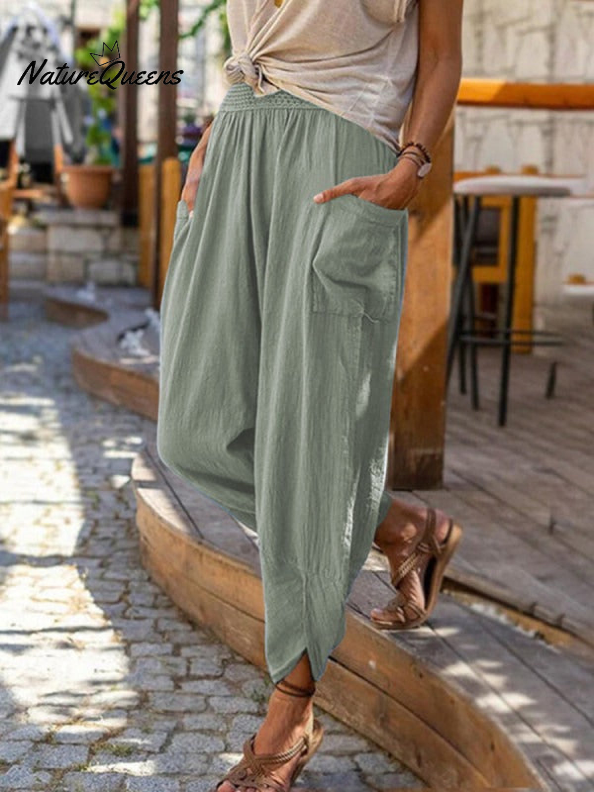 Wide Leg Cotton Loose Pencil Pants Green / S